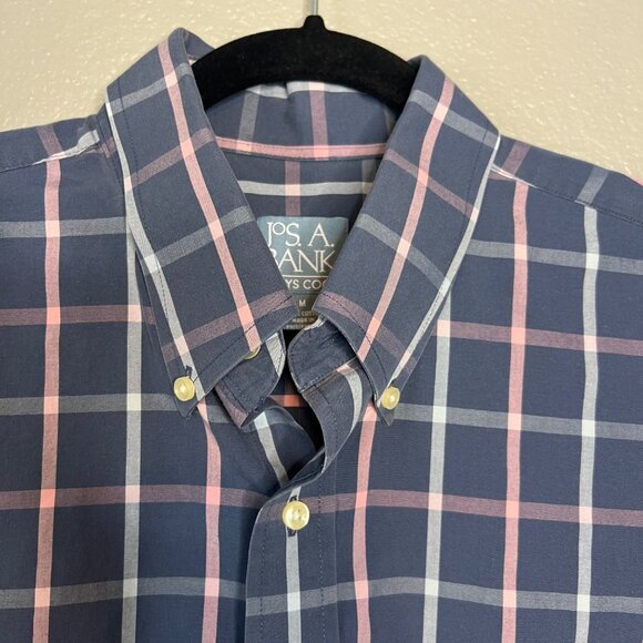 Jos A Bank Stays Cool Short Sleeve Shirt Size M Button Down Grid Blue Pink - Picture 4 of 5